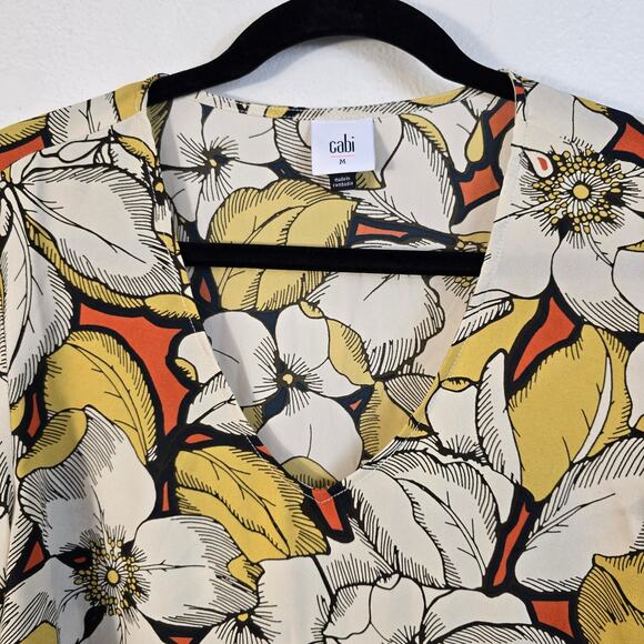 Cabi Sequel Blouse Women's M Yellow Orange Large Floral Poet Sleeve Career Boho - Picture 5 of 9
